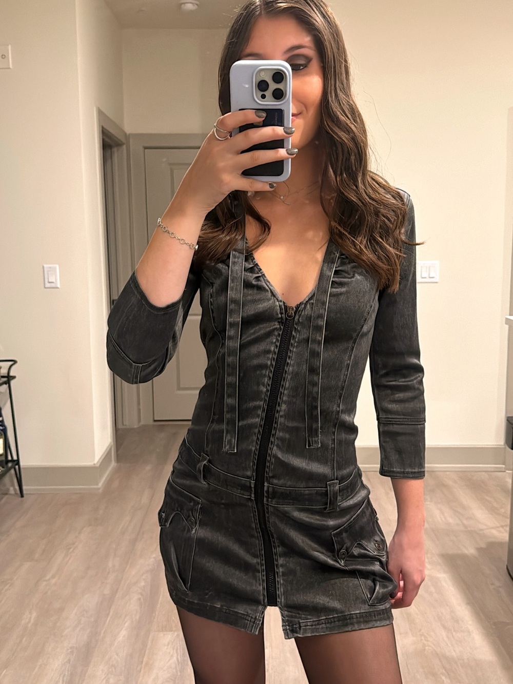 Diesel Washed Charcoal Gray Zip-Front Mini Dress